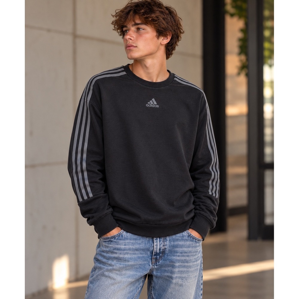 Adidas Sweatshirt 3-Stripe Crewneck Pullover Black Size Large Athletic Fleece